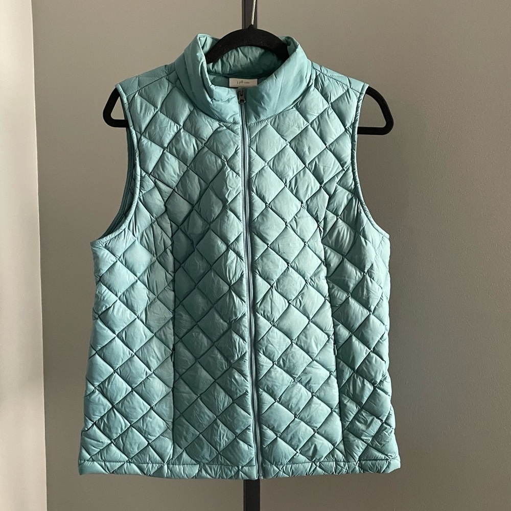 J. Jill Quilted Teal Blue Sleeveless Puffer Vest Lightweight Down Size Medium - Picture 3 of 6